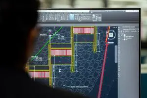 A person works with a civil engineering program on the computer.