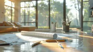 a modern home interior showcases a detailed structural engineering assessment, featuring blueprints and tools elegantly arranged on a pristine work surface illuminated by natural light streaming through large windows, highlighting the meticulous planning involved in a remodel.