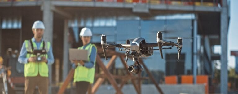 Two construction workers operate a survey drone on a work site.