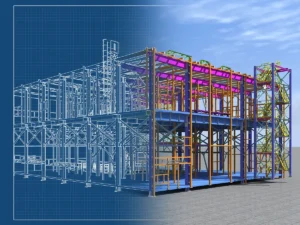 3D rendering of a building with steel beam and columns