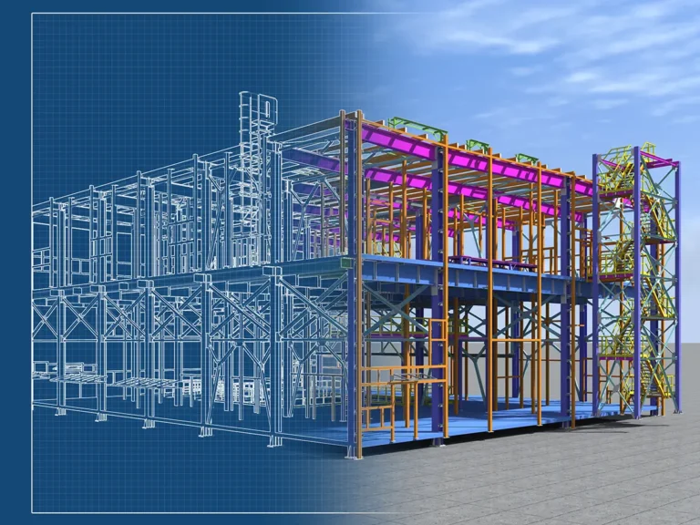 3D rendering of a building with steel beam and columns