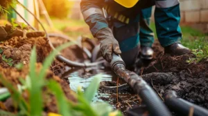 A man working with septic tank lines.