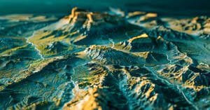 A 3D LiDAR rendering of a mountain range