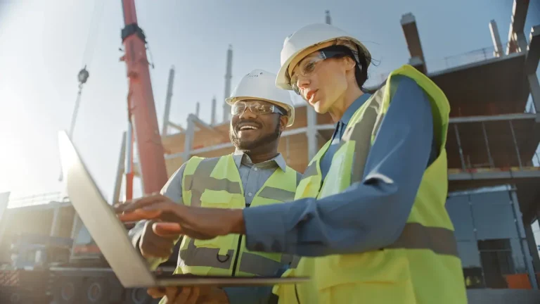 Two Specialists Inspect Commercial, Industrial Building Construction Site.