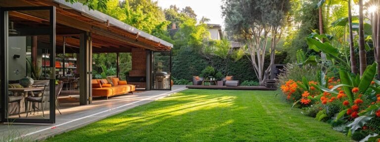 a serene, well-maintained backyard features a discreetly integrated engineered septic system surrounded by lush green grass and vibrant flowers, symbolizing harmony between technology and nature.