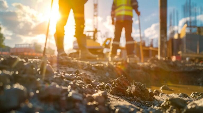 a detailed view of a well-equipped construction site showcasing a foundation assessment in progress, with engineers examining soil samples and blueprints under bright sunlight, emphasizing the importance of precise evaluation for successful remodels.