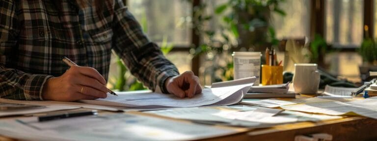 a person meticulously reviewing a detailed site plan for septic design approval, surrounded by soil tests, percolation reports, and application forms.