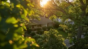 a serene suburban home framed by vibrant greenery, showcasing a skilled inspector meticulously examining the roof under the warm, golden light of a late afternoon sun, emphasizing the importance of structural safety for homeowners.