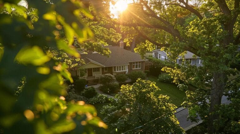 a serene suburban home framed by vibrant greenery, showcasing a skilled inspector meticulously examining the roof under the warm, golden light of a late afternoon sun, emphasizing the importance of structural safety for homeowners.