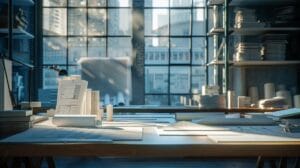 a sleek, modern office space filled with blueprints and structural models, illuminated by natural light streaming through large windows, embodies the essence of innovative local structural engineering services.