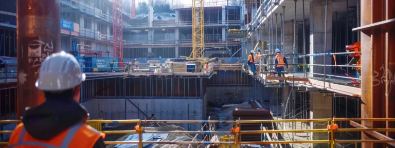a bustling construction site showcasing modern, efficient civil engineering techniques.
