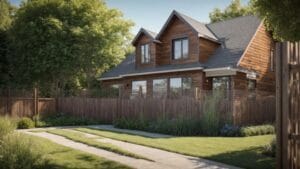 a detailed property survey map prominently displayed on a vibrant green lawn, with a freshly installed wooden fence standing tall in the background under bright blue skies, emphasizing the importance of precision in fence installation.