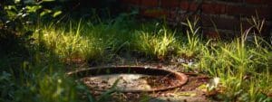 foul-smelling sewage bubbling up from a grassy yard next to a rusted septic tank cover.