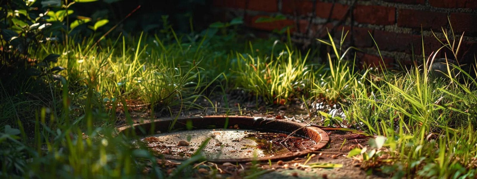 Resources - Engineering 24 foul-smelling sewage bubbling up from a grassy yard next to a rusted septic tank cover.