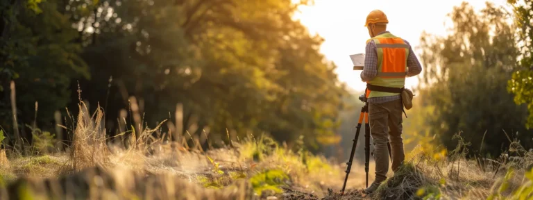 a land surveyor standing confidently with a compass and map at a disputed property line, resolving the boundary conflict with precision and expertise.