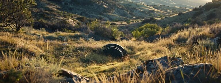 a robust, engineered septic system nestled among rugged hills, showcasing its seamless integration into the challenging terrain.