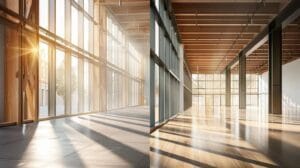 a dramatic split view showcases a robust load-bearing wall braced with steel beams contrasted against a sleek, airy non-load-bearing wall filled with large windows, illuminated by soft, natural light streaming in from outside.