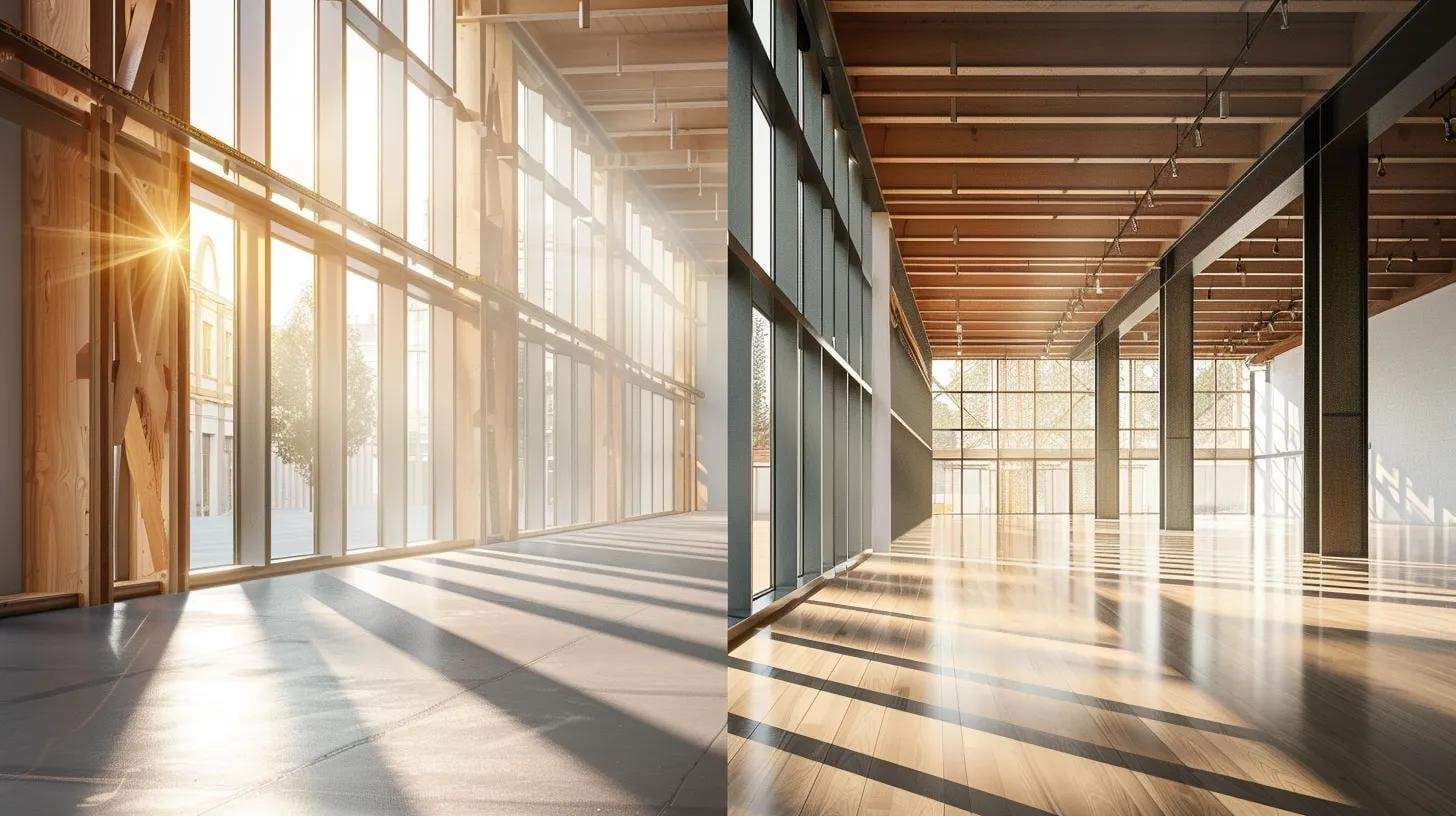 a dramatic split view showcases a robust load-bearing wall braced with steel beams contrasted against a sleek, airy non-load-bearing wall filled with large windows, illuminated by soft, natural light streaming in from outside.