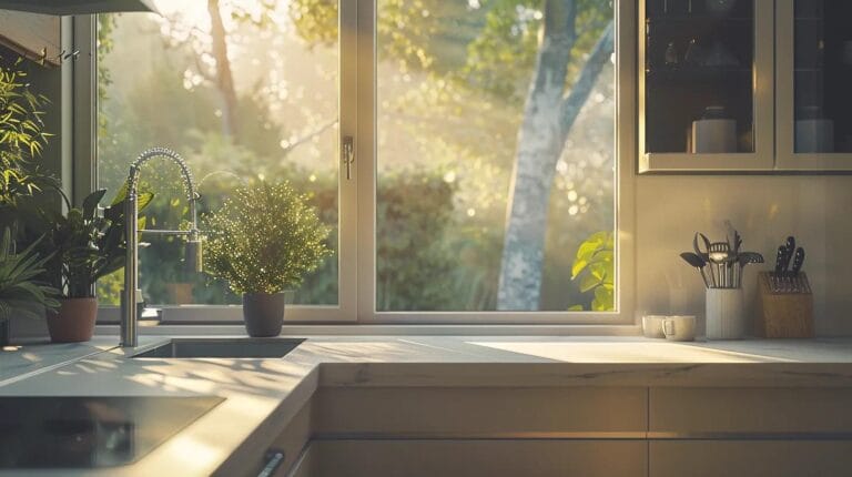 a meticulously designed modern kitchen renovation showcasing sleek lines and sophisticated materials, illuminated by natural light streaming through large windows, symbolizing structural code compliance and design harmony.