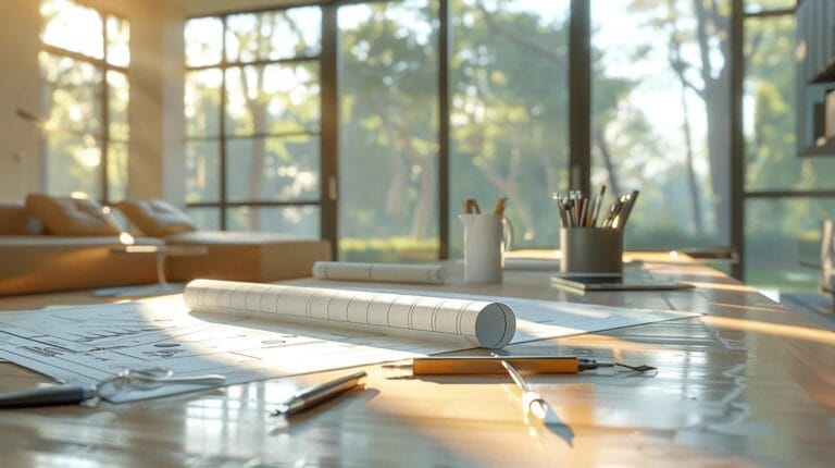 a modern home interior showcases a detailed structural engineering assessment, featuring blueprints and tools elegantly arranged on a pristine work surface illuminated by natural light streaming through large windows, highlighting the meticulous planning involved in a remodel.