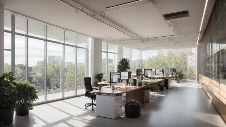 a sleek, modern office space showcases an impressive structural analysis blueprint, illuminated by soft natural light filtering through large windows, emphasizing the theme of optimization in commercial remodels.