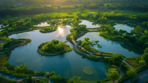 a breathtaking aerial view of a vibrant wetland landscape, showcasing shimmering water reflections, lush green vegetation, and winding pathways, symbolizing the complex yet beautiful interplay of nature and regulation.