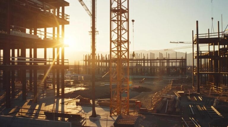 a bustling construction site in utah showcases innovative structural engineering designs, with towering steel frames and blueprints spread out under a bright, clear sky, highlighting the precision and expertise of the engineering team.