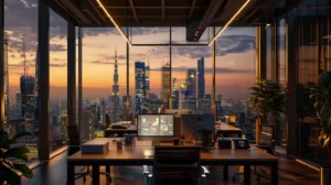 a dynamic cityscape showcases a modern office bustling with professionals engaged in digital permit management, illuminated by soft, warm lighting that highlights a backdrop of towering skyscrapers against a vibrant sunset.
