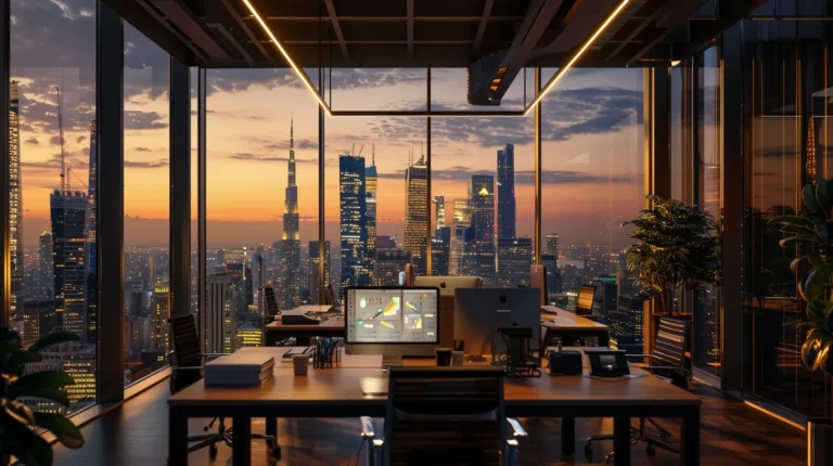 a dynamic cityscape showcases a modern office bustling with professionals engaged in digital permit management, illuminated by soft, warm lighting that highlights a backdrop of towering skyscrapers against a vibrant sunset.