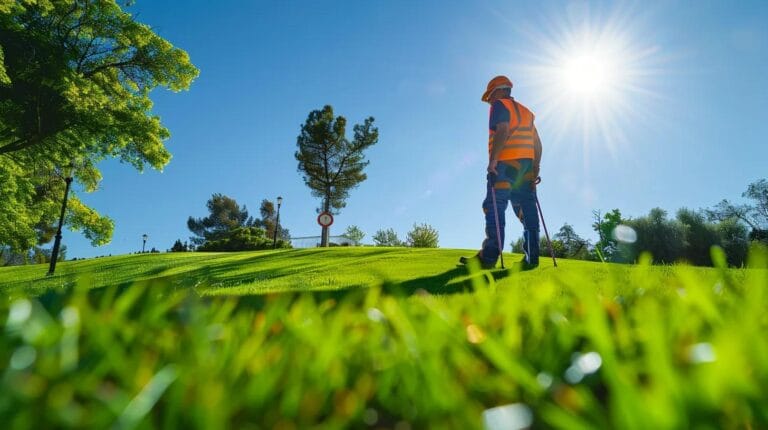 a professional land surveyor meticulously analyzes a vibrant green property line, with clear markers and a bright blue sky overhead, emphasizing the importance of resolving boundary disputes.