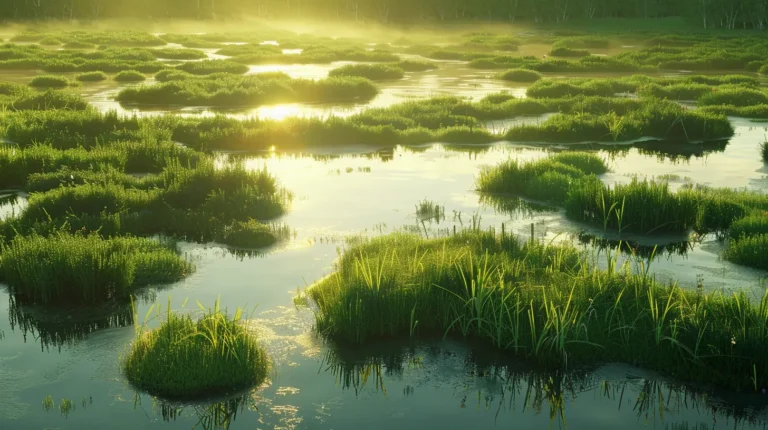 a serene wetland landscape, illuminated by golden sunrise light, showcases vibrant green grasses and reflective water, symbolizing the delicate balance of nature in the permitting process for ecological projects.