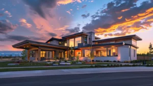 a striking architectural rendering showcases a stunning, uniquely-designed residential home, with elegant lines and a harmonious blend of modern materials set against a vibrant sunset sky.