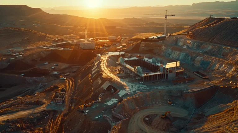 a stunning aerial view of a modern construction site in utah, showcasing innovative structural engineering designs surrounded by rugged natural landscapes, illuminated by the golden light of sunset.
