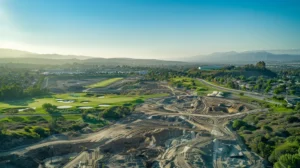 a sweeping aerial view of a diverse landscape undergoing an environmental site assessment, showcasing vibrant green fields juxtaposed with areas of construction and urban development under a clear blue sky.