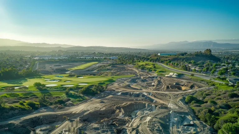 a sweeping aerial view of a diverse landscape undergoing an environmental site assessment, showcasing vibrant green fields juxtaposed with areas of construction and urban development under a clear blue sky.