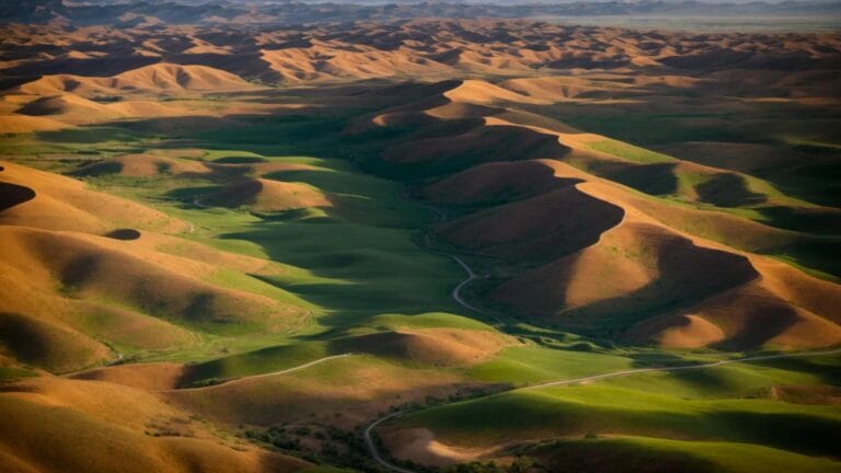 a serene aerial view of a meticulously surveyed property in the utah landscape, showcasing distinct boundary markers against a backdrop of vibrant, rolling hills under a clear blue sky.