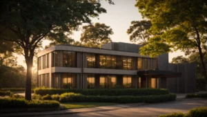 a serene landscape featuring a well-maintained office building surrounded by lush greenery, symbolizing compliance and environmental integrity in phase i environmental site assessments, captured at golden hour for a warm, inviting glow.
