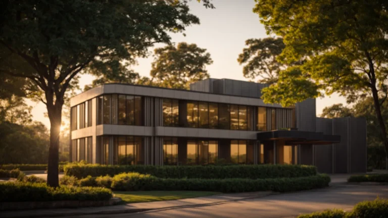 a serene landscape featuring a well-maintained office building surrounded by lush greenery, symbolizing compliance and environmental integrity in phase i environmental site assessments, captured at golden hour for a warm, inviting glow.