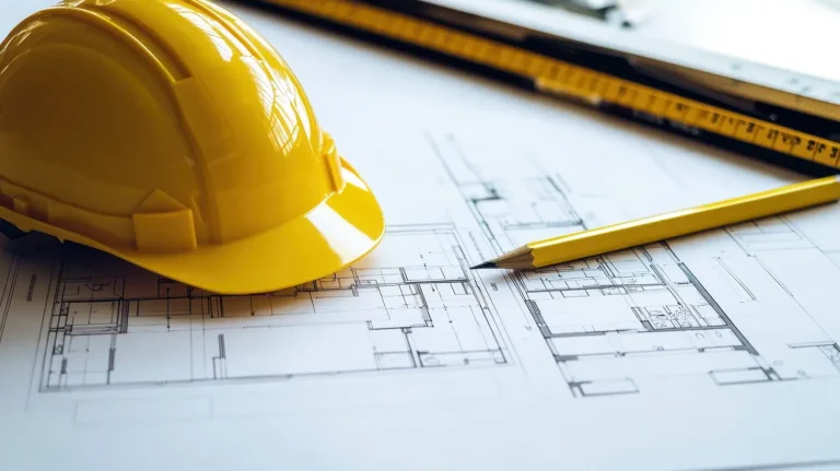 Construction workspace with yellow safety helmet, ruler and pencil placed on top of architectural blueprints.