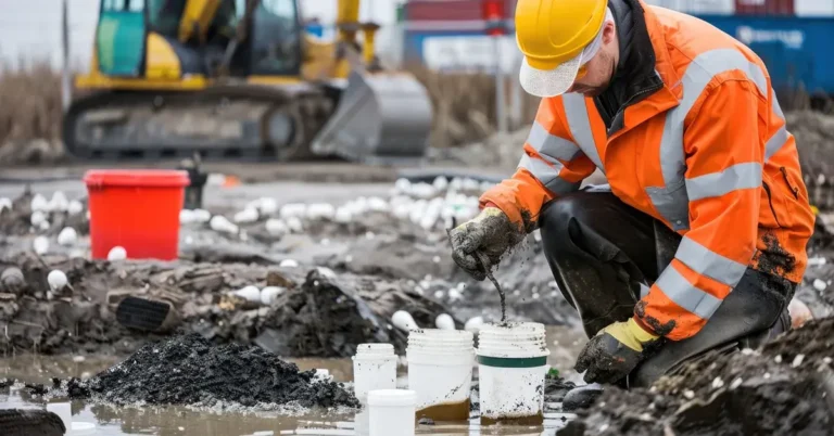 An environmental scientist conducting soil contamination tests in an industrial site