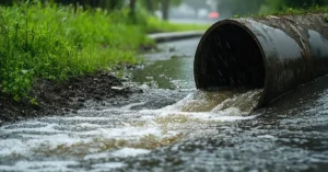 Overflowing storm drain pipe in urban waterway after rain