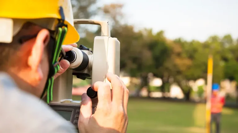 Surveyor engineer with partner making measure on the field