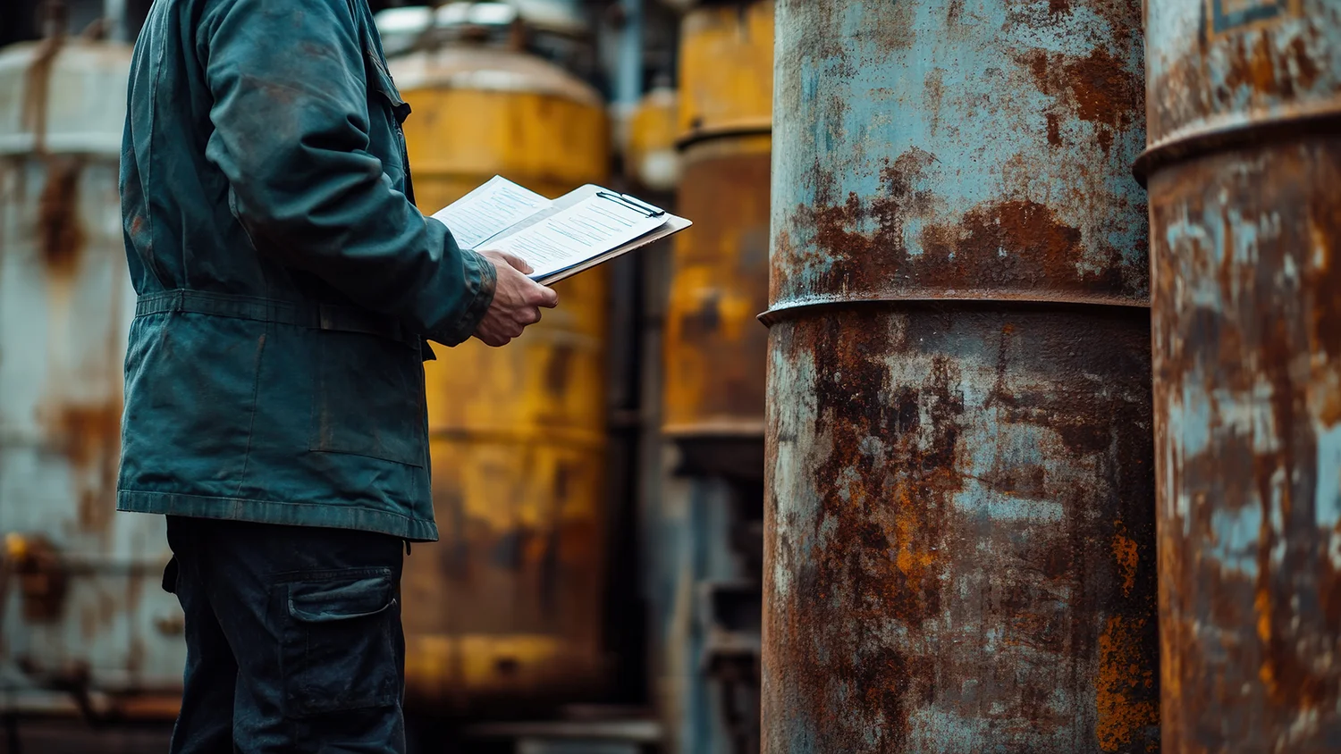 Commercial real estate professional inspecting an industrial property, examining two old, rusted barrels symbolizing environmental risk.