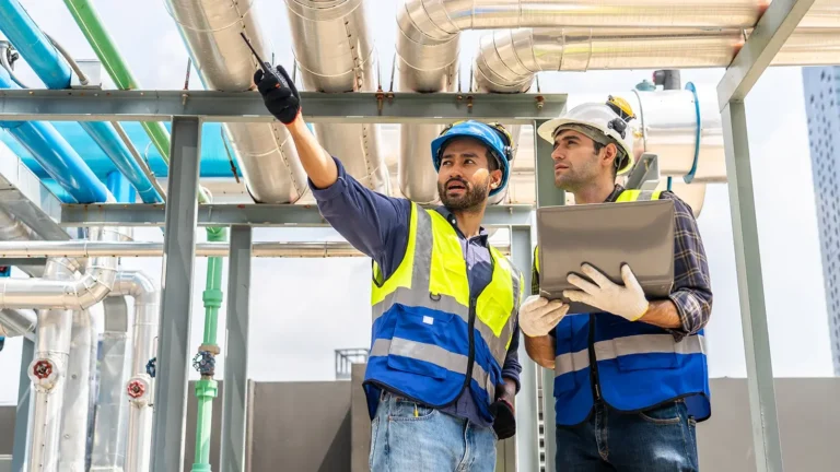 Two engineers discuss plans and use laptop computer while reviewing blueprints on a rooftop.