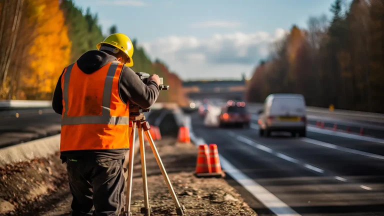 Civil engineer inspecting road construction work and supervising expressway project