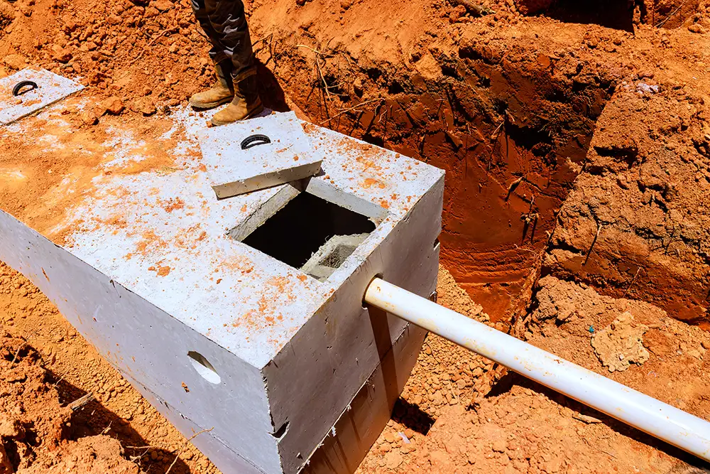 Navigating Septic System Design in Utah: A Comprehensive Guide to Permitting, Soil Testing, and Regulatory Approvals 4 Workers install concrete septic tank into trench at construction site ground is dry with some dirt, rocks.