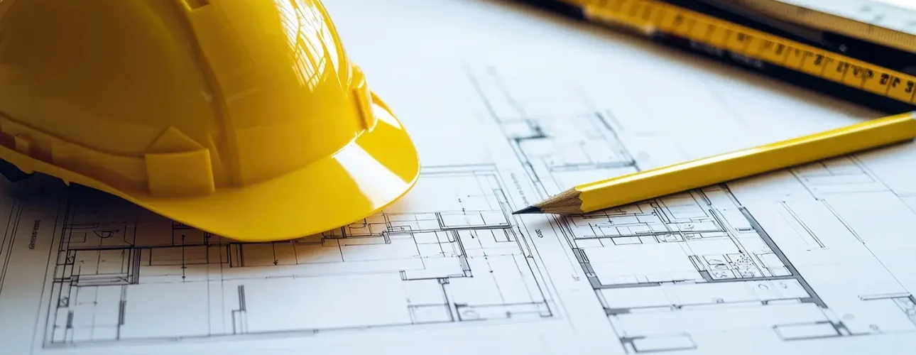 Construction workspace with yellow safety helmet, ruler and pencil placed on top of architectural blueprints.