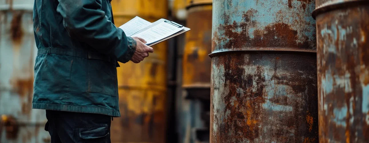 Commercial real estate professional inspecting an industrial property, examining two old, rusted barrels symbolizing environmental risk.