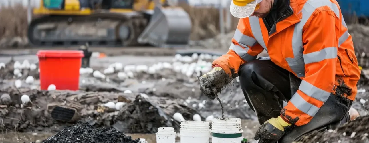 An environmental scientist conducting soil contamination tests in an industrial site