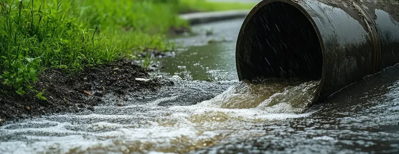 AdobeStock_1292861048 copy Overflowing storm drain pipe in urban waterway after rain